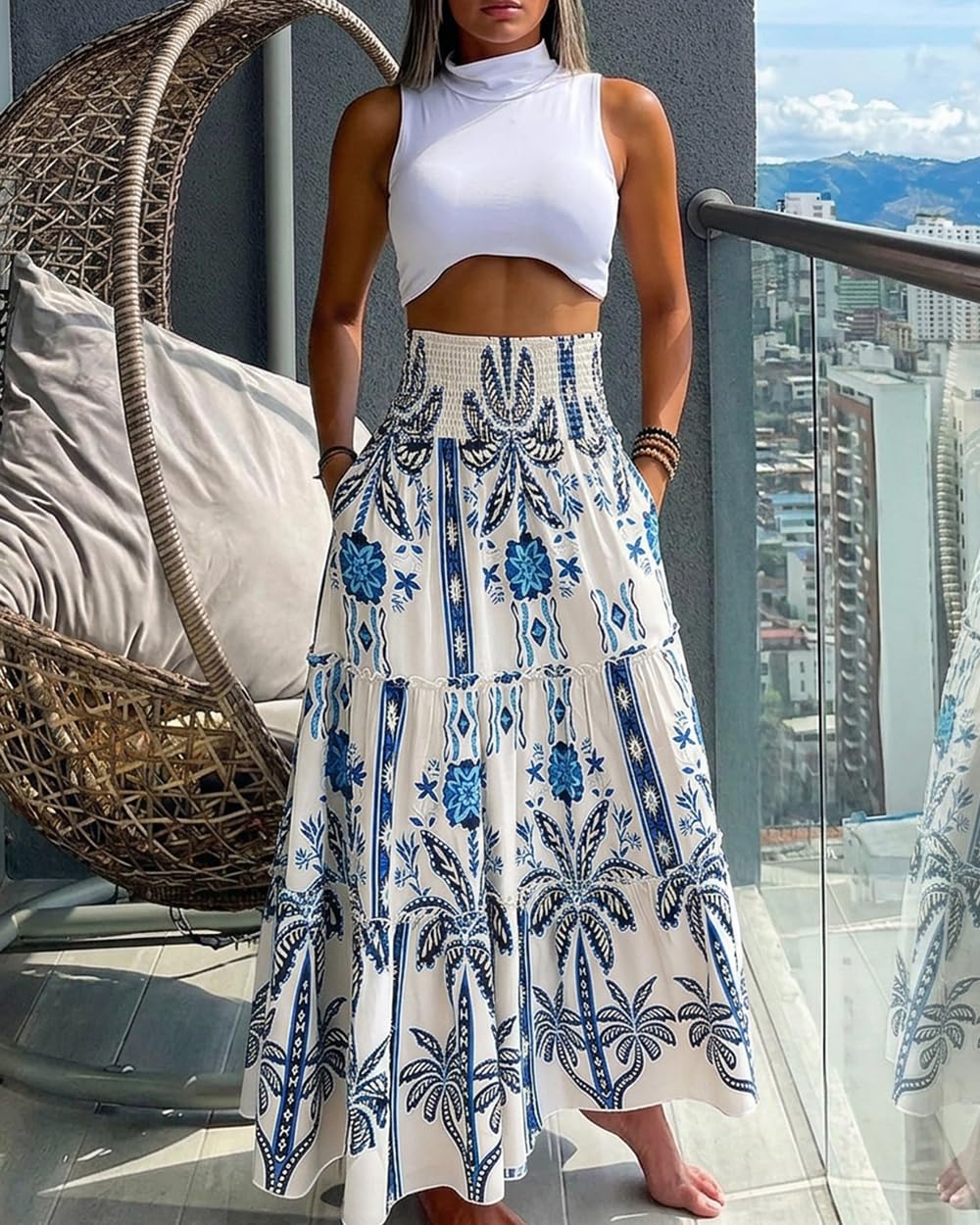 CHICME Women's Boho Floral Summer Maxi Skirt with Pockets Vacation Outfit | Shirred High Waist, Ruffle Hem, Lightweight Comfortable Fabric, A-Line Long Flowy Skirt for Beach, Travel & Daily Wear