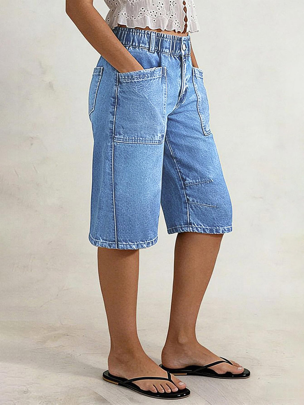 Flamingals Straight Leg High Rise Denim Bermuda Shorts | Elastic Trendy Jean Shorts with Patch Pockets, Bermuda Shorts for Women, High Waist, Denim Fabric