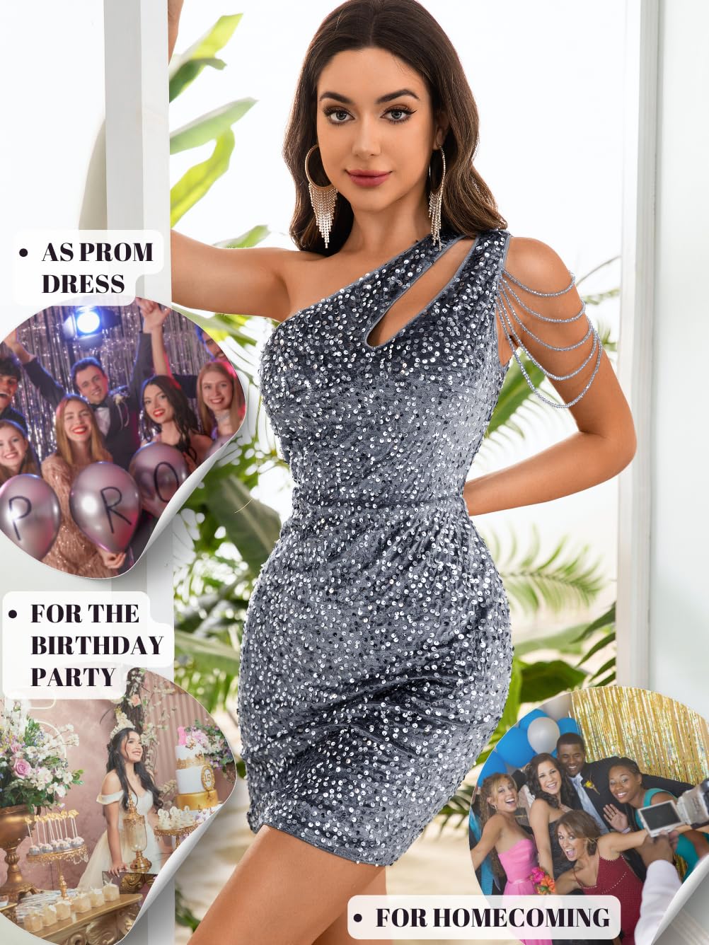 Kaei&Shi Sequin Velvet Prom Dress,Cut Out One Shoulder Short Formal Dresses,Sparkly Outfits Women HOCO Birthday Cocktail