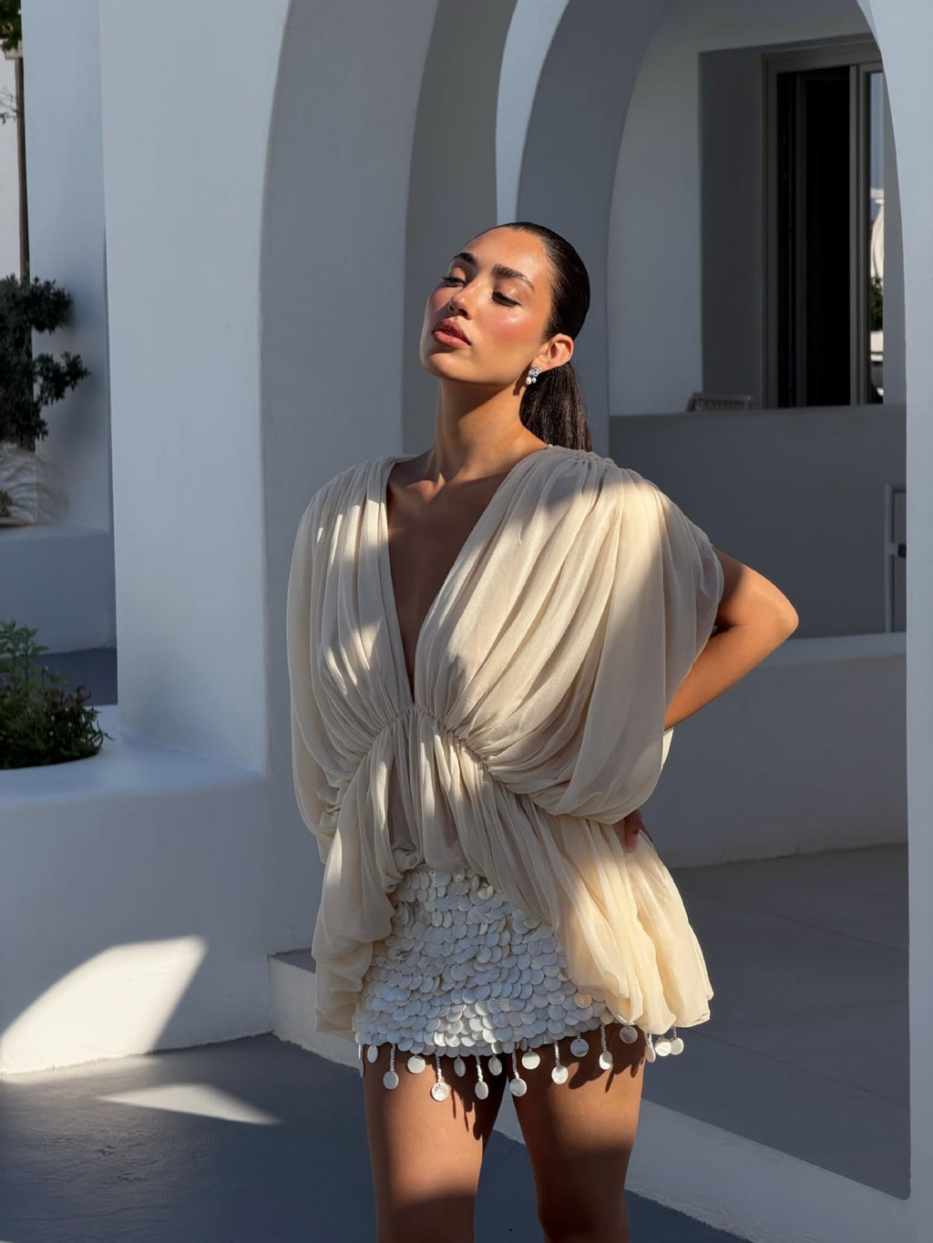Flowy Top Women Pleated V Neck Asymmetrical Blouse Top Dressy Streetwear