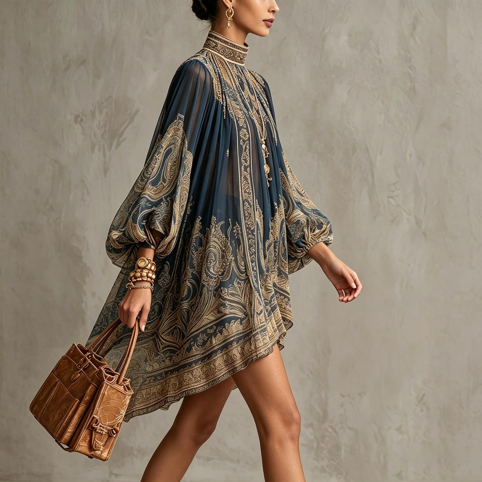 Women's Vintage Boho Chiffon Dress Navy Blue Baroque Print High Neck Irregular Lantern Sleeve Dress Casual Party Vacation