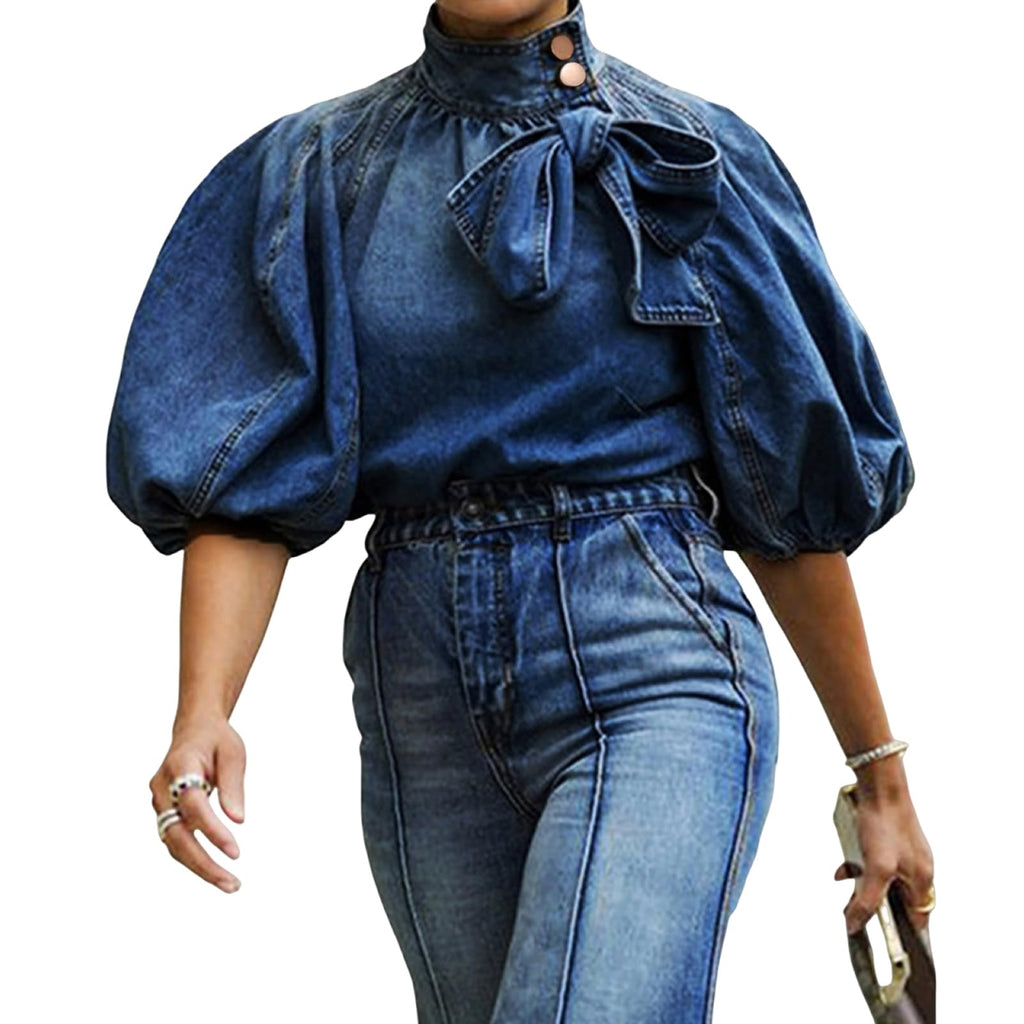 Women's Bow Design Denim Pullover Top Button Up High Neck Fashionable Jacket with Elastic and Puff Sleeves