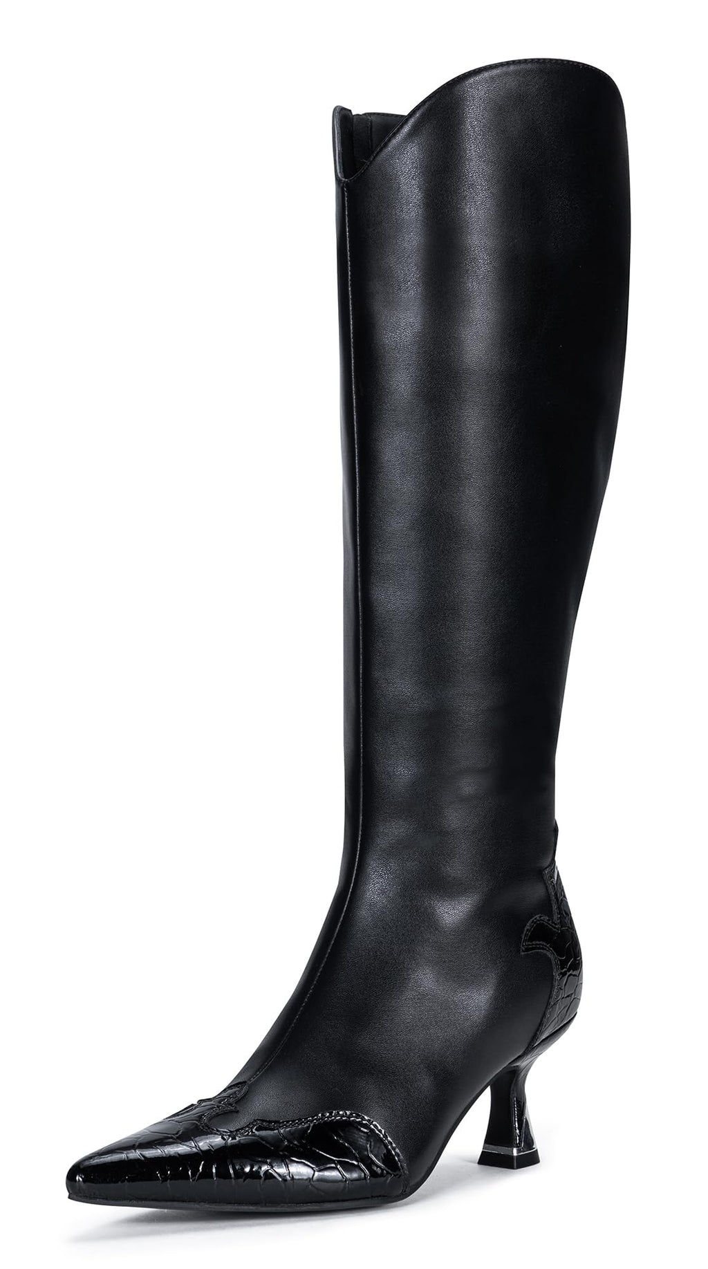 Vepose Women's Knee High Boots, Pointed Toe Kitten Heel Dress Boots | Riding tall boot style, low heel, side zipper, fashion silhouette, patchwork design, suit for jeans, skirts, nights out