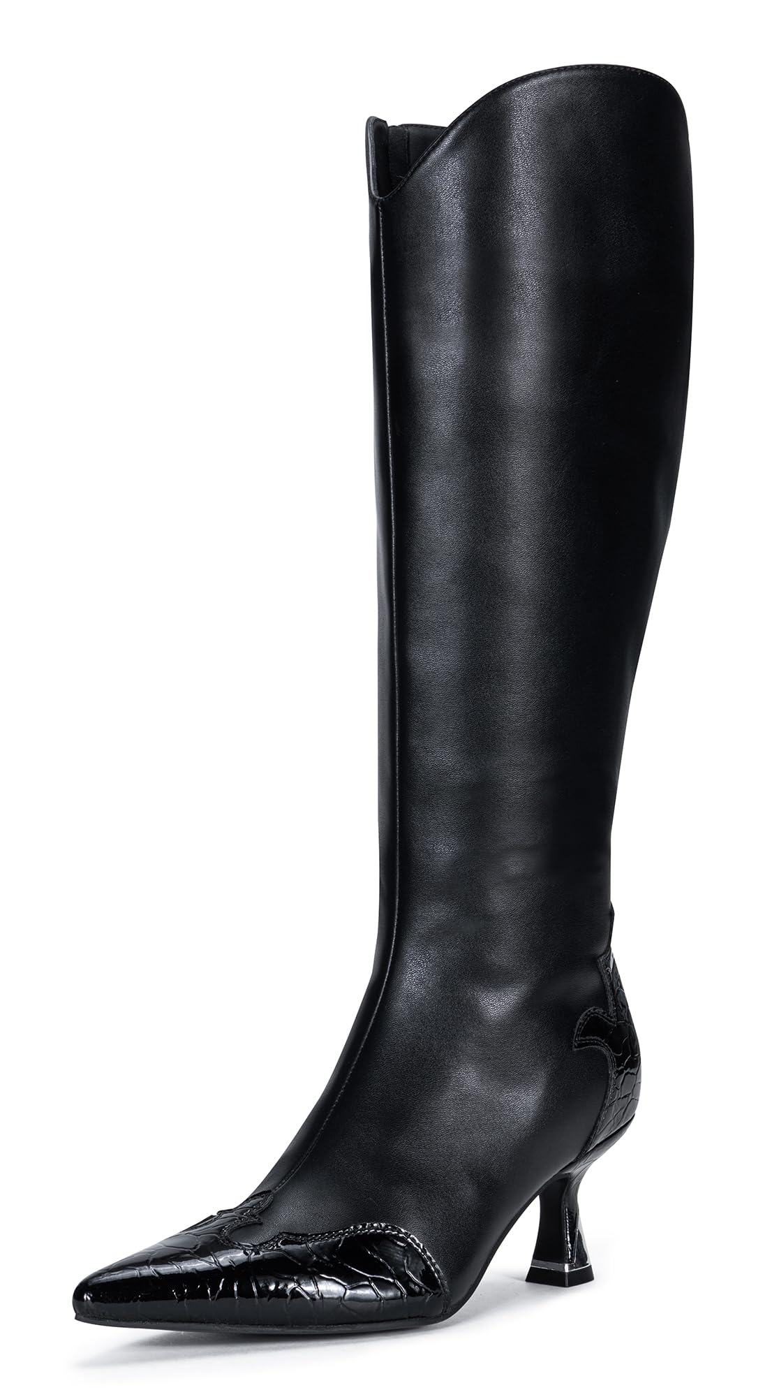 Vepose Women's Knee High Boots, Pointed Toe Kitten Heel Dress Boots | Riding tall boot style, low heel, side zipper, fashion silhouette, patchwork design, suit for jeans, skirts, nights out