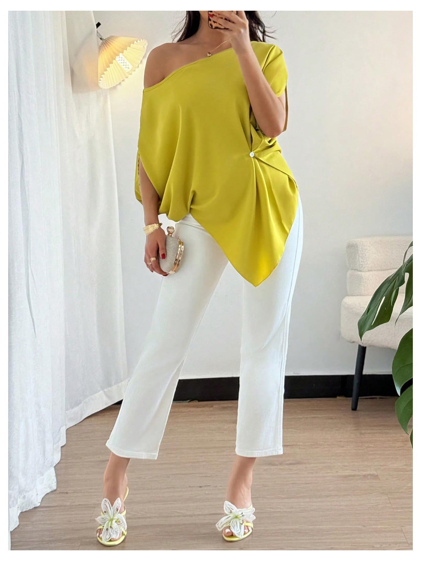 SHENHE Women's Off Shoulder Dolman Sleeve Blouses Asymmetrical Flowy Tops | Casual, Loose, Blouses With Waist Pleats, Asymmetrical, Elegant
