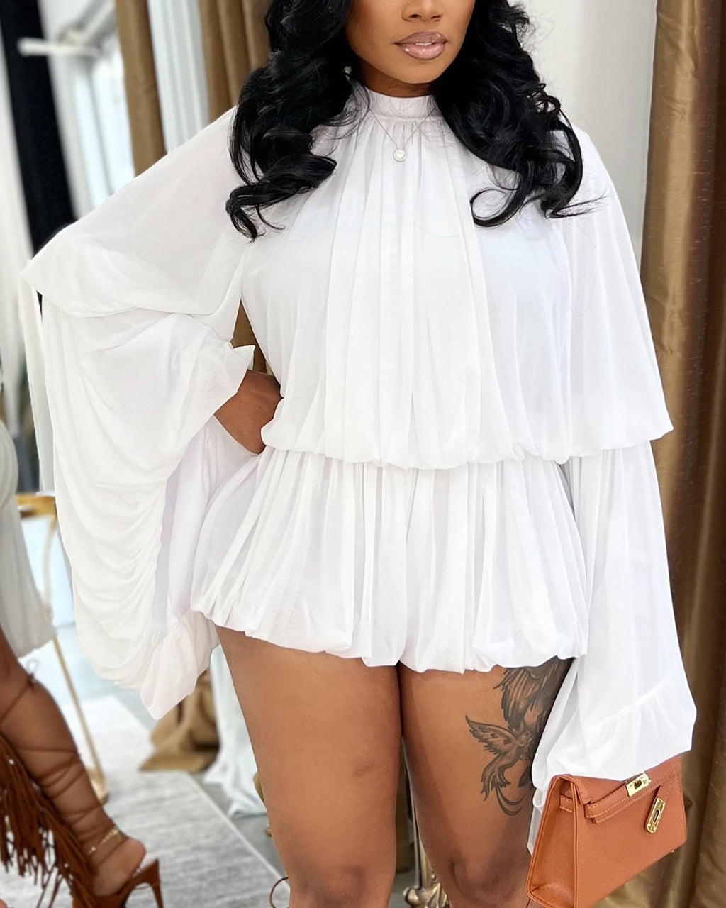 LETSVDO Shorts Sets Women 2 Piece Outfits Mock Neck Bell Sleeve Chiffon Top Blouse Pleated Ruffle Bubble Short Set Romper