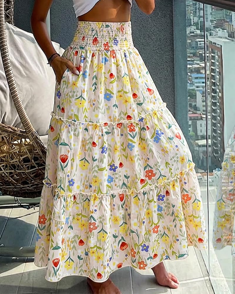 CHICME Women's Boho Floral Summer Maxi Skirt with Pockets Vacation Outfit | Shirred High Waist, Ruffle Hem, Lightweight Comfortable Fabric, A-Line Long Flowy Skirt for Beach, Travel & Daily Wear