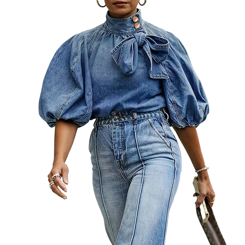 Women's Bow Design Denim Pullover Top Button Up High Neck Fashionable Jacket with Elastic and Puff Sleeves