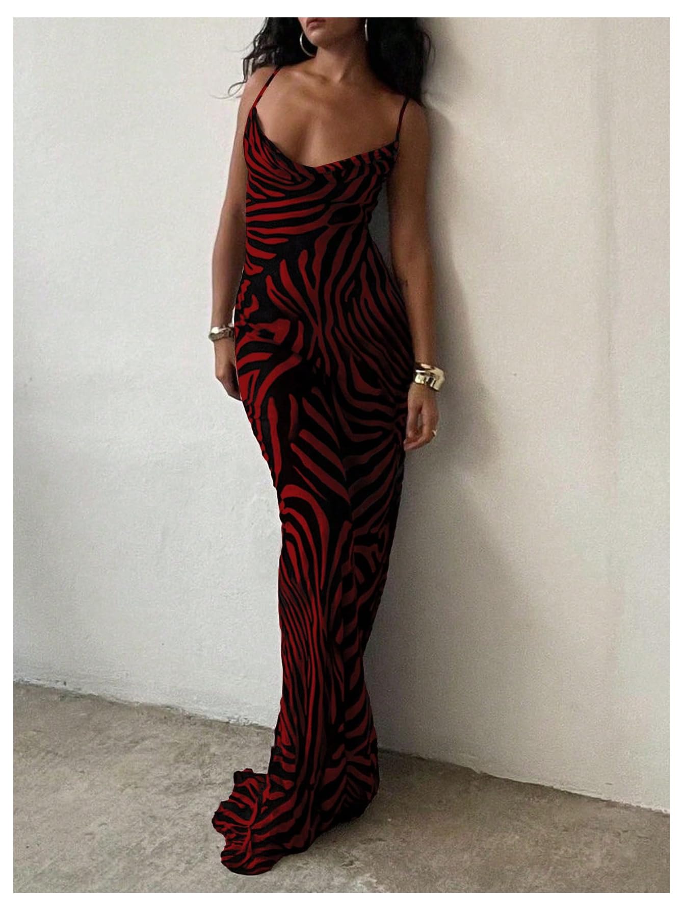 OYOANGLE Women's Zebra Spaghetti Strap Maxi Dresses Cowl Neck Bodycon Dress | Zebra Print, Spaghetti Strap, Maxi Dresses, Sleeveless, Cowl Neck, Formal Bodycon Dress