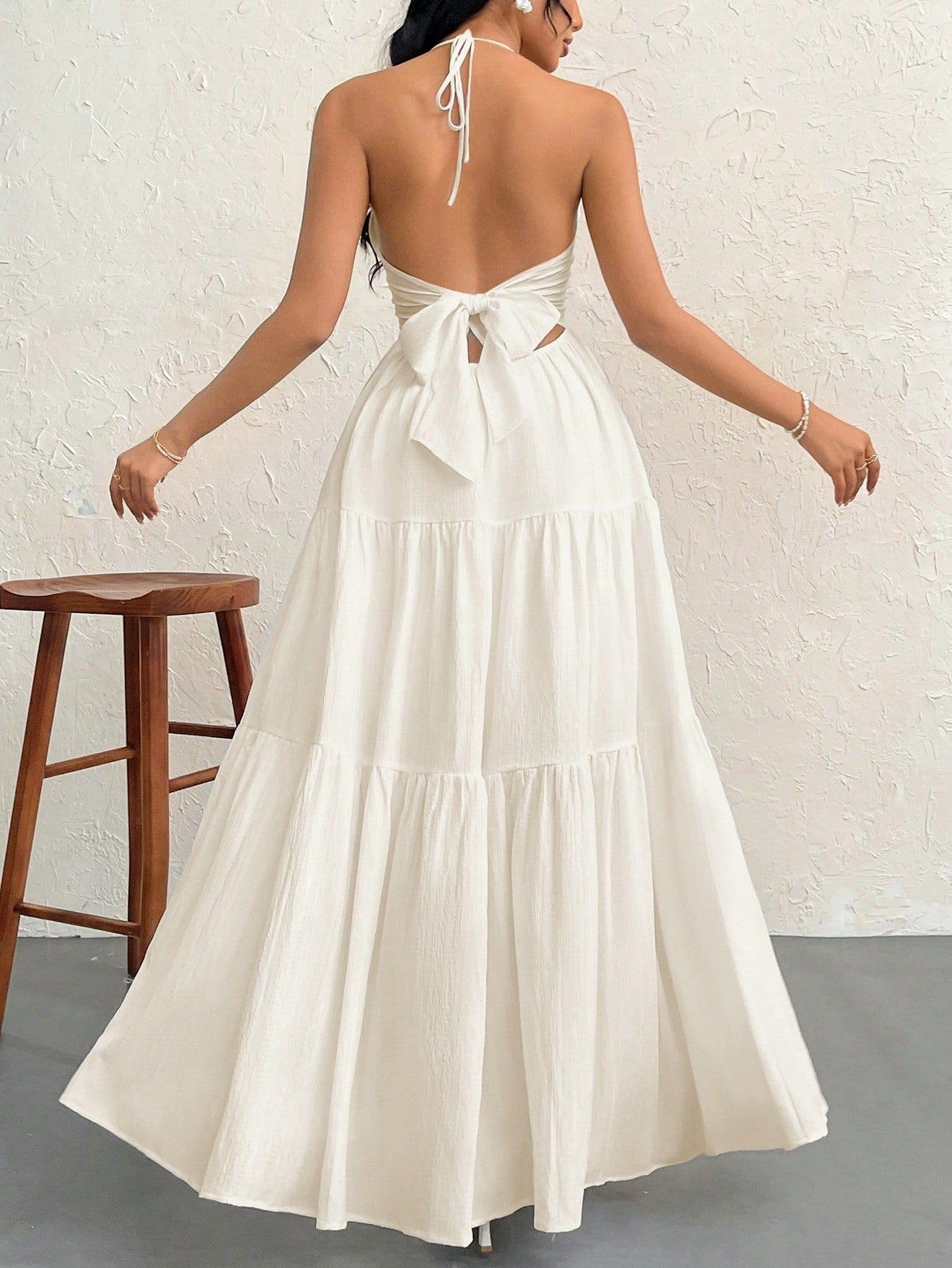 Narecte Women's Maxi Summer Dresses Halter V Neck Beach Dresses for Women A-Line Casual Dress for Vacation