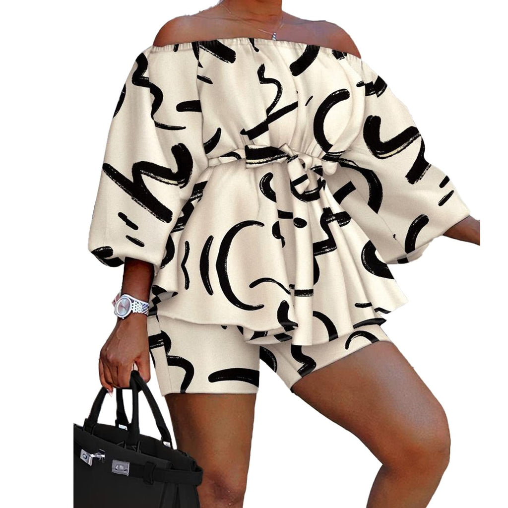 2 Piece Outfits for Women Sexy Off Shoulder Long Sleeve Plus Size Tops High Waisted Bodycon Shorts Set
