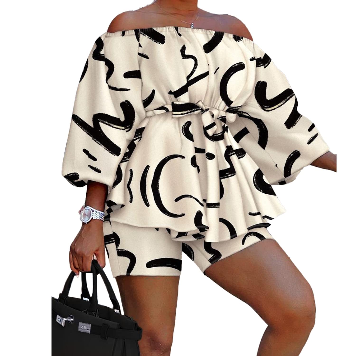 2 Piece Outfits for Women Sexy Off Shoulder Long Sleeve Plus Size Tops High Waisted Bodycon Shorts Set