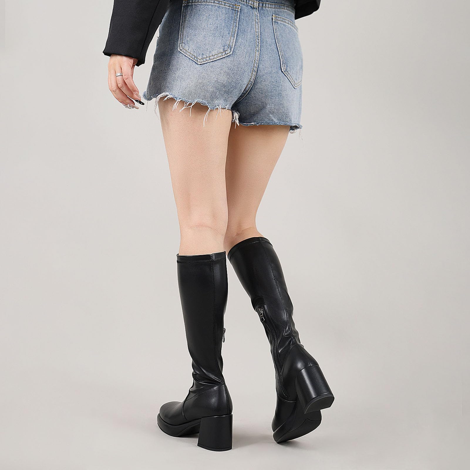 LanreyTaley Elastic Women Knee High Boots Platform Chunky Heel Tall Boots Suede Dress Boots Side Zipper Stretch Boots Fall
