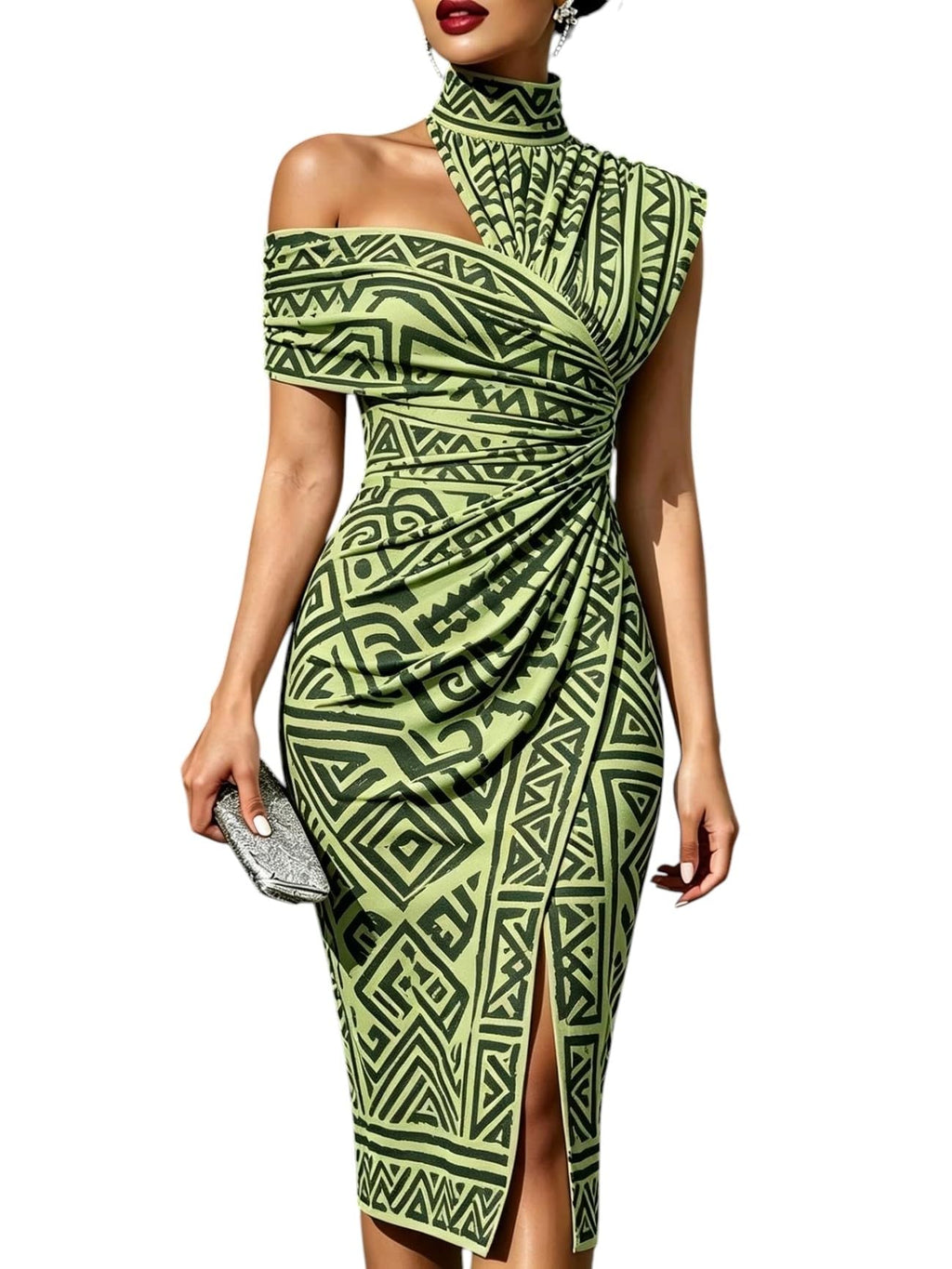 Women's One Shoulder Bodycon Midi Dress Geometric Pattern Print High Neck Slit Ruched Reunion and Vacation Casual Wear Dress