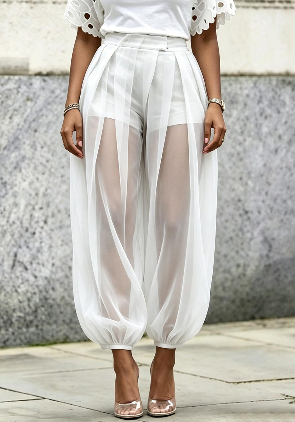 Molisry Women Sheer Mesh Pants Bubble Tulle Patchwork Pants Balloon Trouser | Loose Fit Cover Up Trousers,Built In Shorts Lining