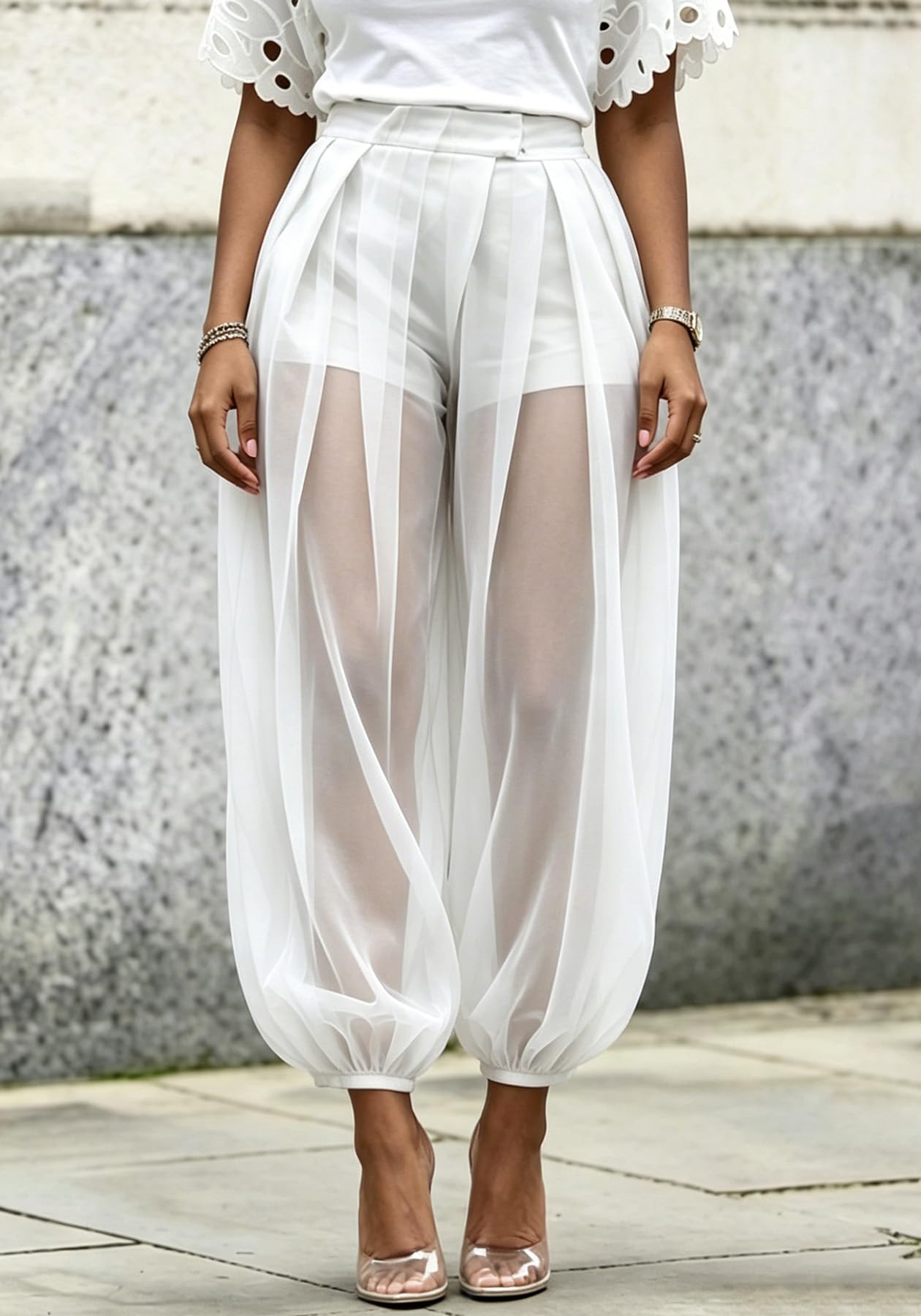 Molisry Women Sheer Mesh Pants Bubble Tulle Patchwork Pants Balloon Trouser | Loose Fit Cover Up Trousers,Built In Shorts Lining