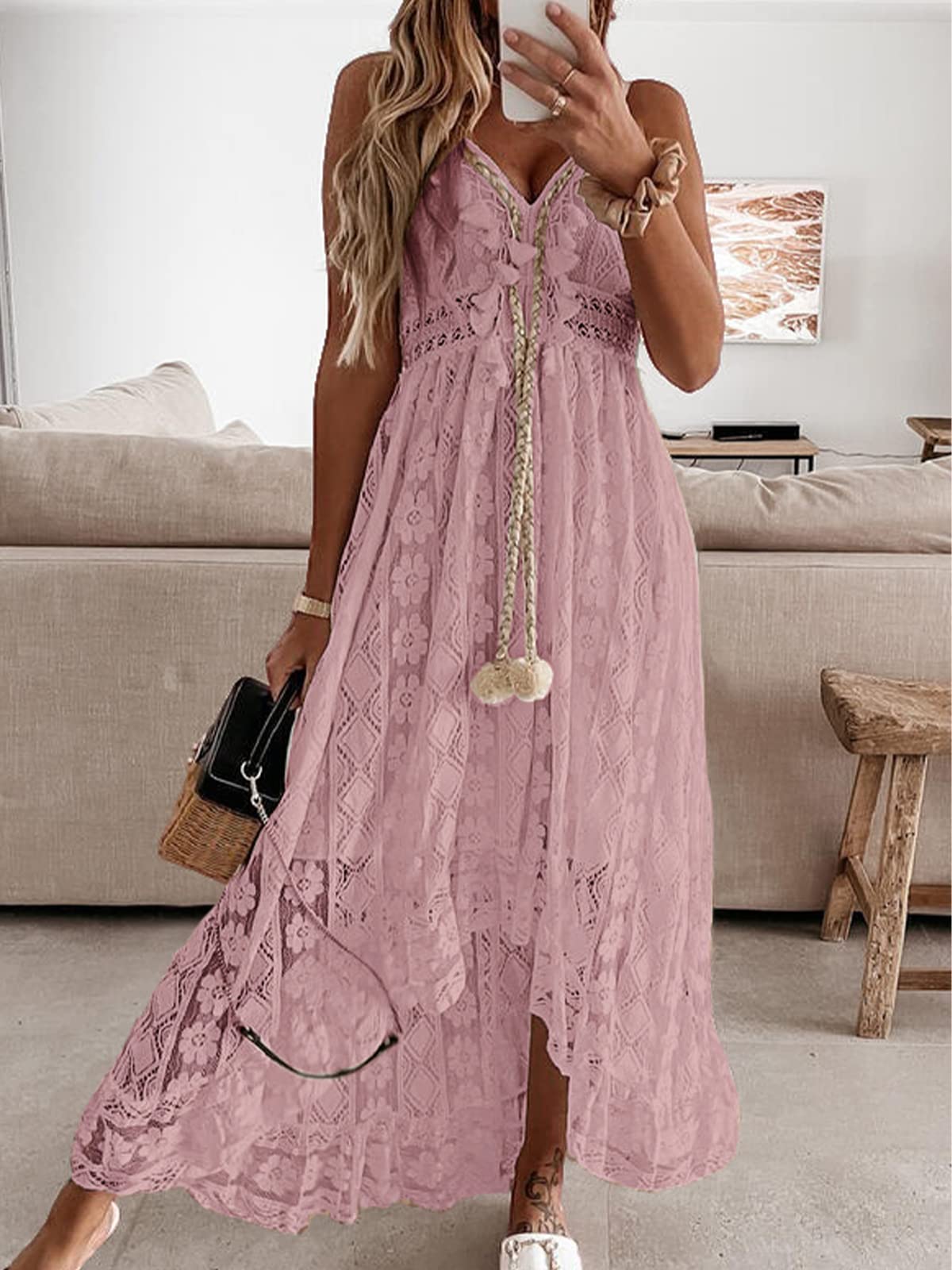 CUPSHE Womens Lace Summer Maxi Dresses 2026 Beach Wear | V Neck Spaghetti Straps Sundress, Tassel, Boho Pom Poms, Flowy Vacation Outfits, Resort Wear, Graduation Wedding Guest Looks