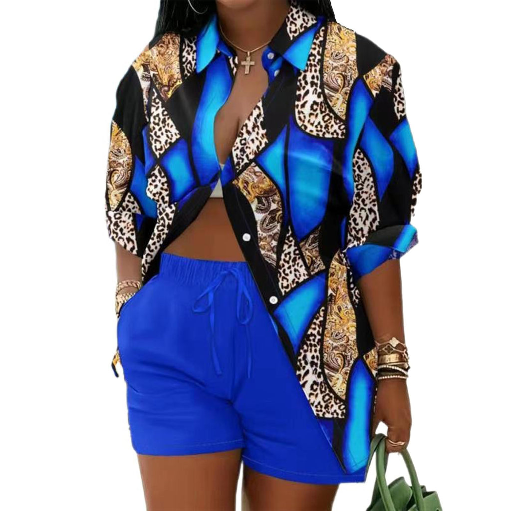 Mandonce 2 Piece Outfits for Women Long Sleeve Printed Shirt and Elastic Lace-Up Shorts with Pockets Beach Vacation Clothes