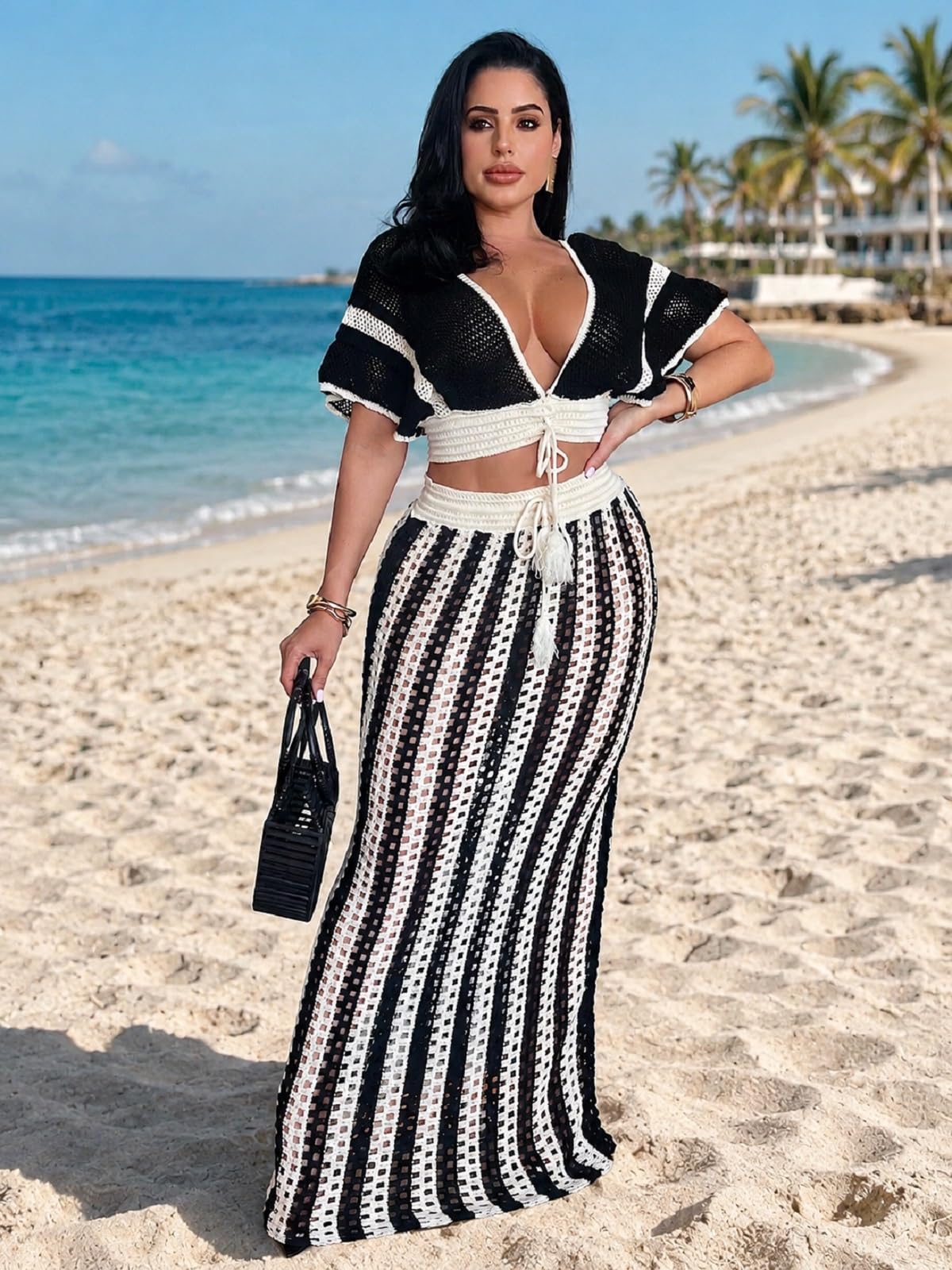 KANSOON Crochet Skirt Set for Women Two Piece Crochet Cover Up | Semi-sheer hollow-out resort layer, tie-front crop top, flattering striped maxi skirt for beach vacation, cruise,poolside
