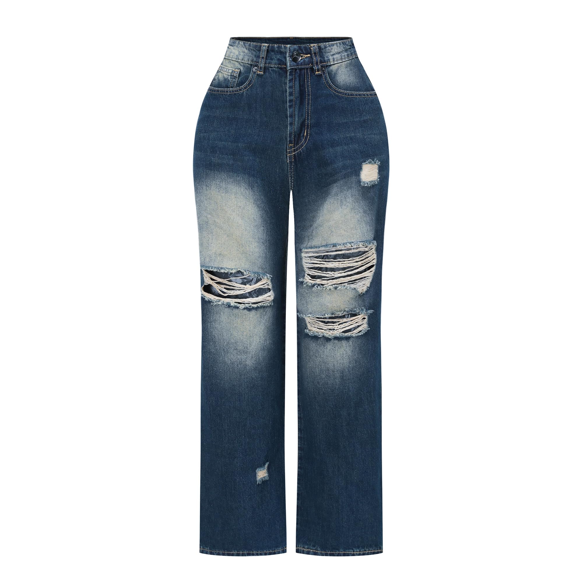 THUNDER STAR Womens High Waisted Wide Leg Jeans Stretchy Distressed Denim Pants