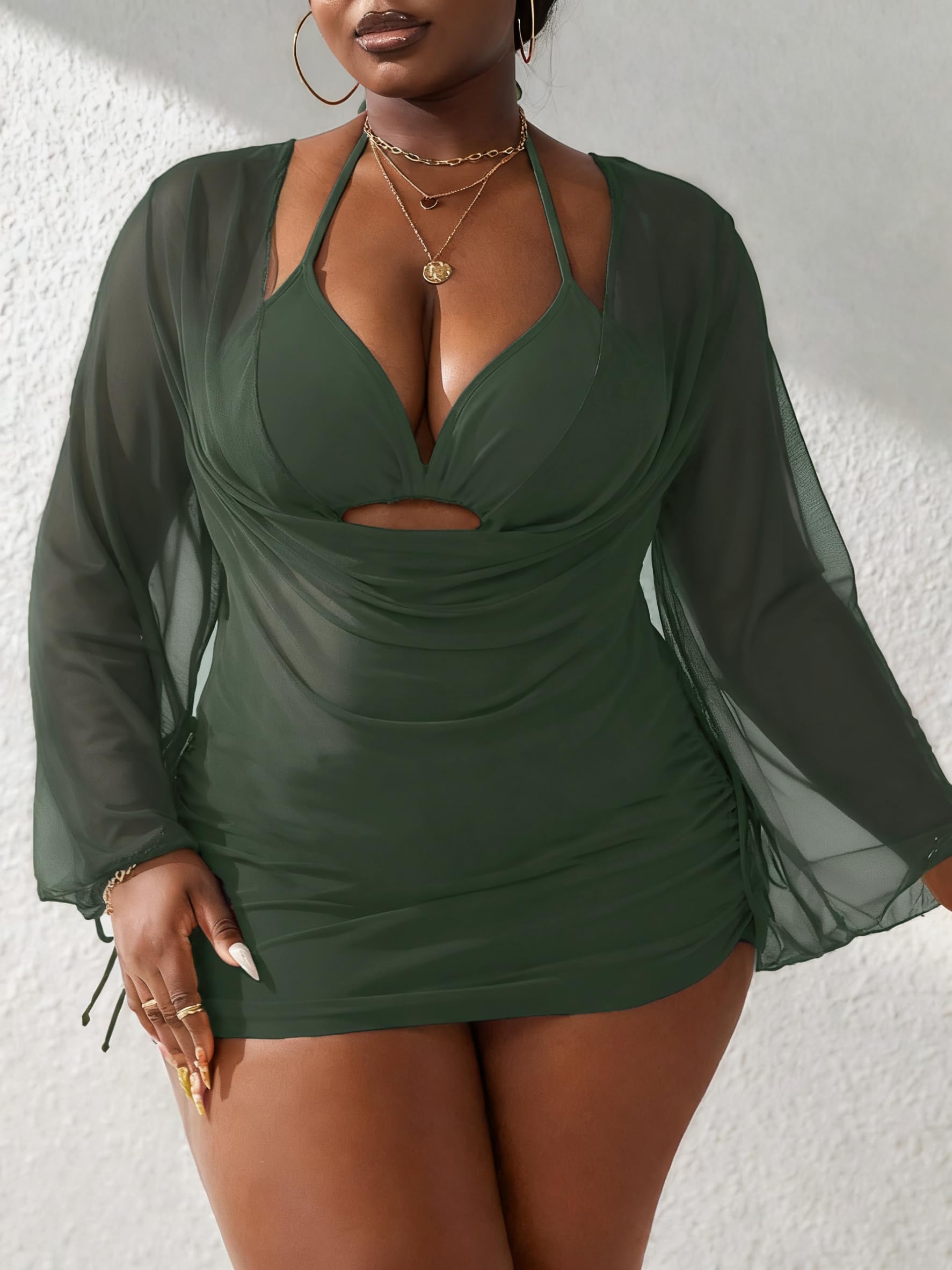 Women's Plus Size Halter String Triangle Bikini Sets 3 Piece Swimsuits with Side Ruched Drawstring Cover Up