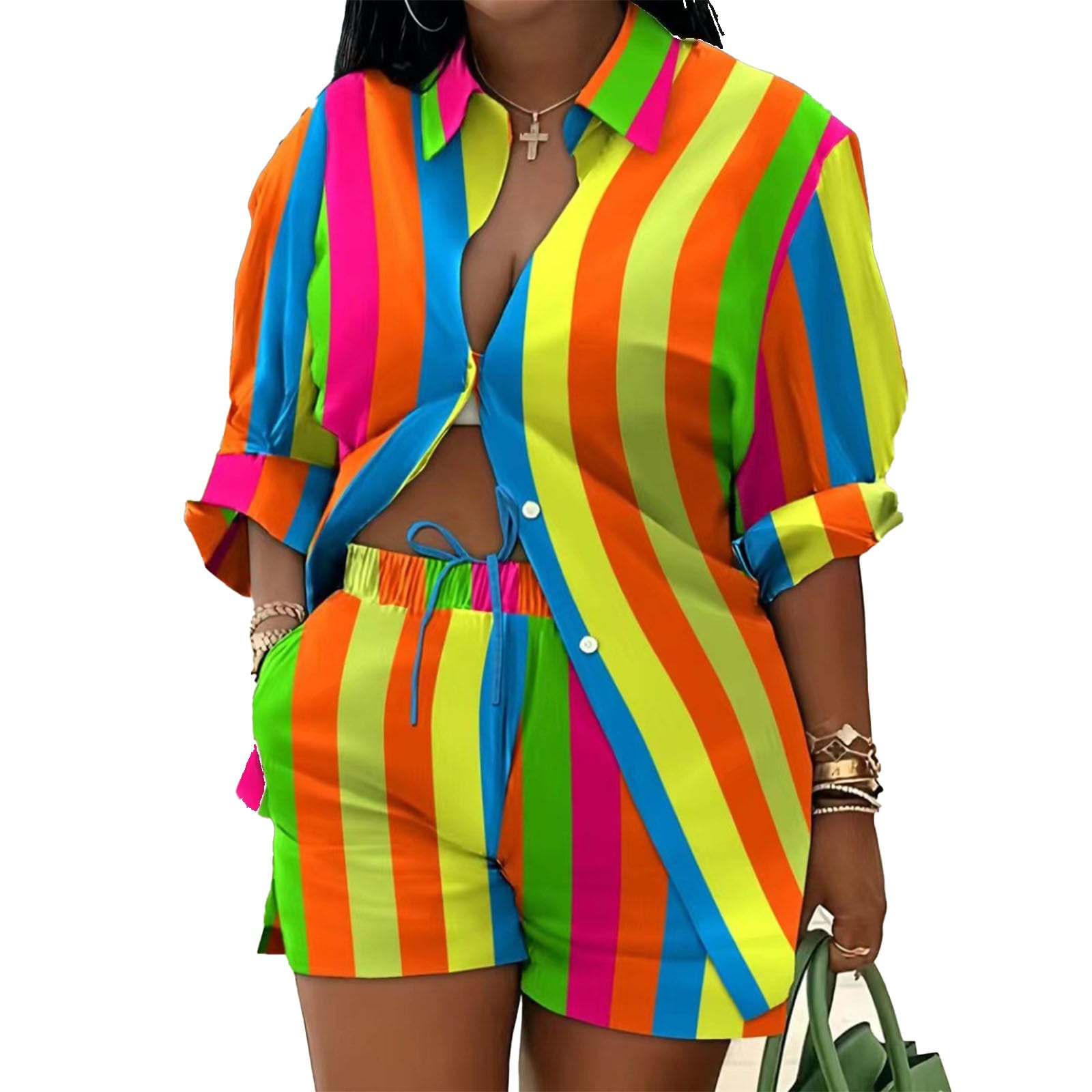 Mandonce 2 Piece Outfits for Women Long Sleeve Printed Shirt and Elastic Lace-Up Shorts with Pockets Beach Vacation Clothes
