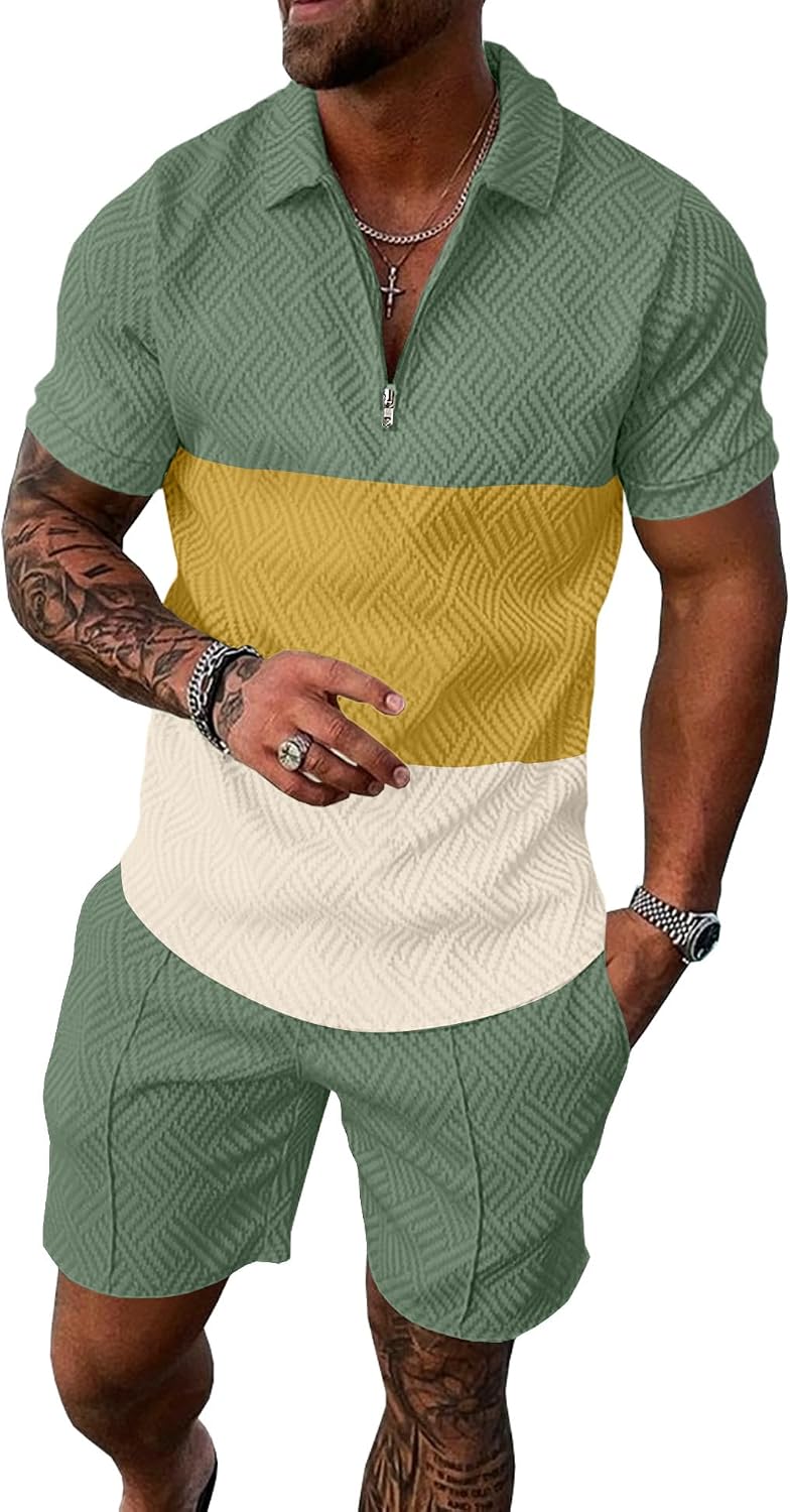 Mens Summer Track Suits 2 Piece Shorts Sets Short Sleeve Sweatsuit Outfits 1/4 Zip Golf Polo Splicing Striped Shirts