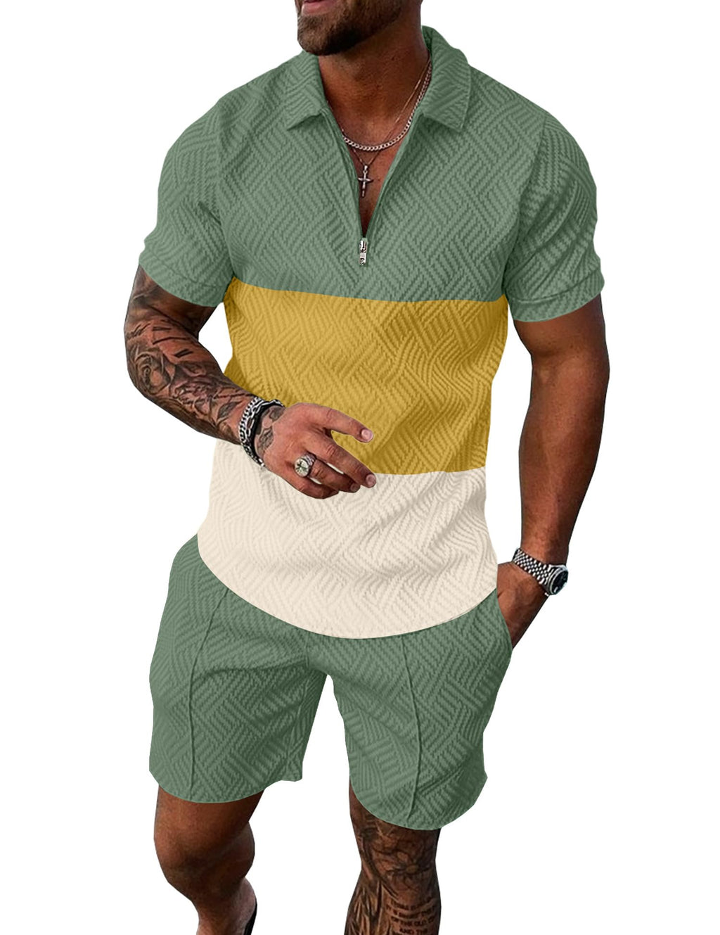 Mens Summer Track Suits 2 Piece Shorts Sets Short Sleeve Sweatsuit Outfits 1/4 Zip Golf Polo Splicing Striped Shirts