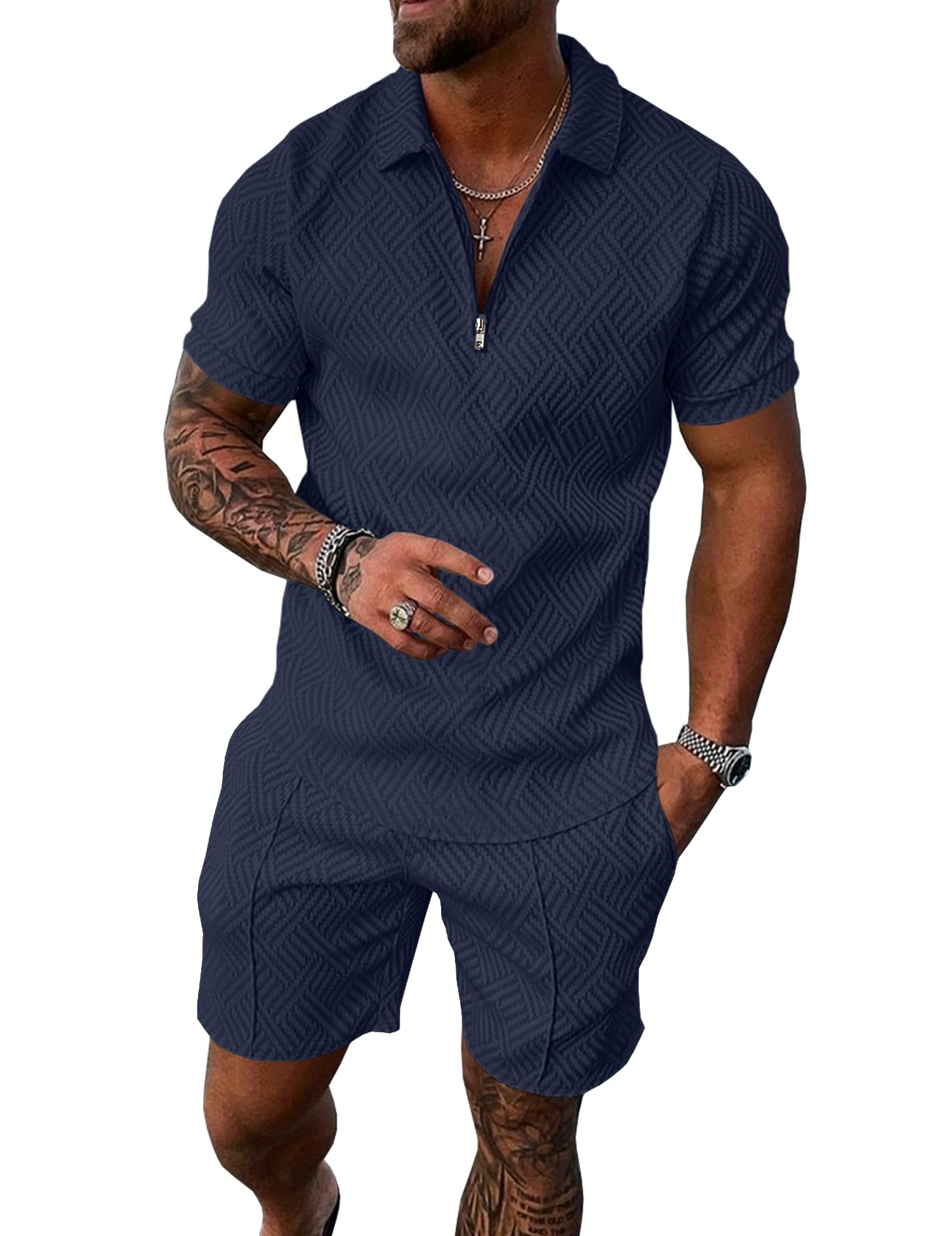 Mens Summer Track Suits 2 Piece Shorts Sets Short Sleeve Sweatsuit Outfits 1/4 Zip Golf Polo Shirts Loungewear