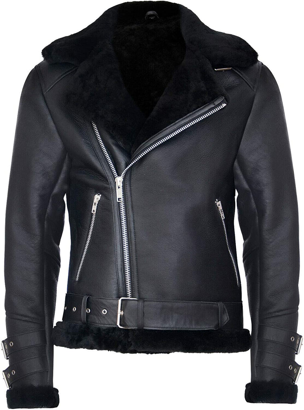 Men’s Retro RAF B3 Pilot Real Sheepskin Shearling Biker Leather Jacket