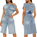 Molilove Women’s Denim Romper Sexy Off Shoulder Shorts Jean Jumpsuit Stretchy Y2K Bodycon Denim One Piece Outfits with Pocket