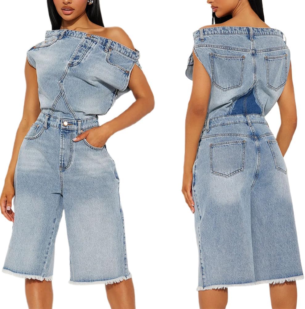 Molilove Women’s Denim Romper Sexy Off Shoulder Shorts Jean Jumpsuit Stretchy Y2K Bodycon Denim One Piece Outfits with Pocket