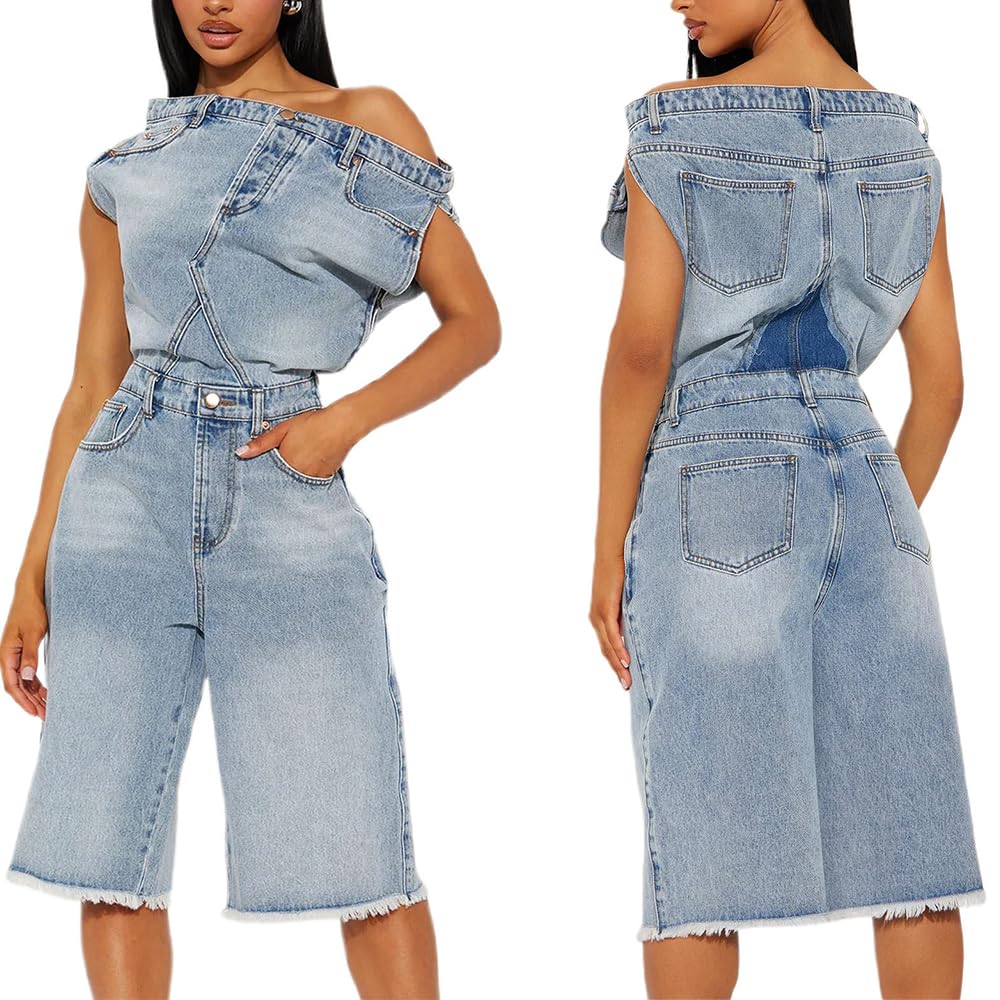 Molilove Women’s Denim Romper Sexy Off Shoulder Shorts Jean Jumpsuit Stretchy Y2K Bodycon Denim One Piece Outfits with Pocket