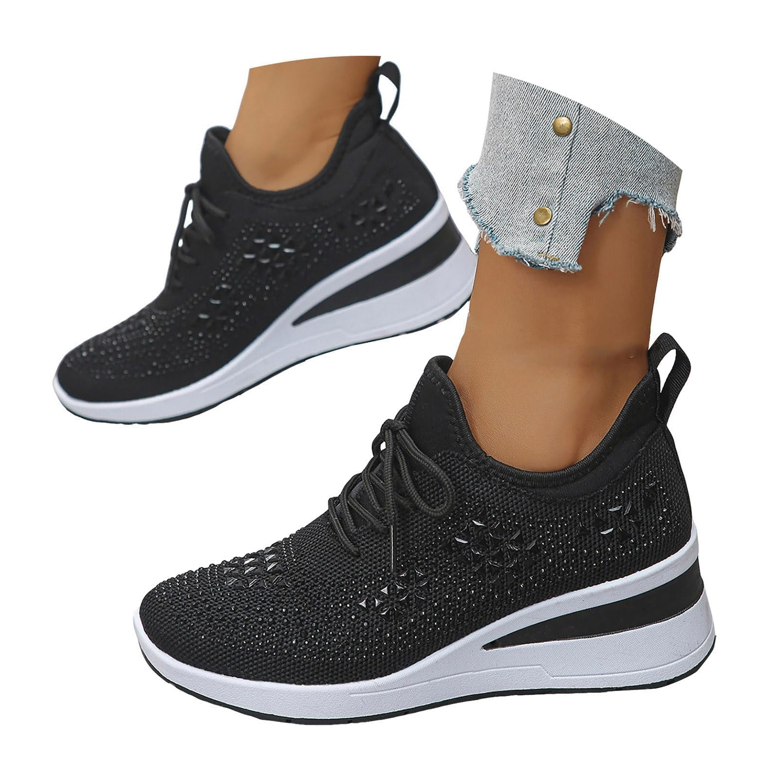 Rhinestone Wedge Sneakers for Women Dressy Fashion Breathable Spakle Glitter Wedding Sneakers for Bride Orthopedic Wedge Lightweight Shoes Sparkly Chunky Mesh Slip on Elastic Tennis Walking Shoes