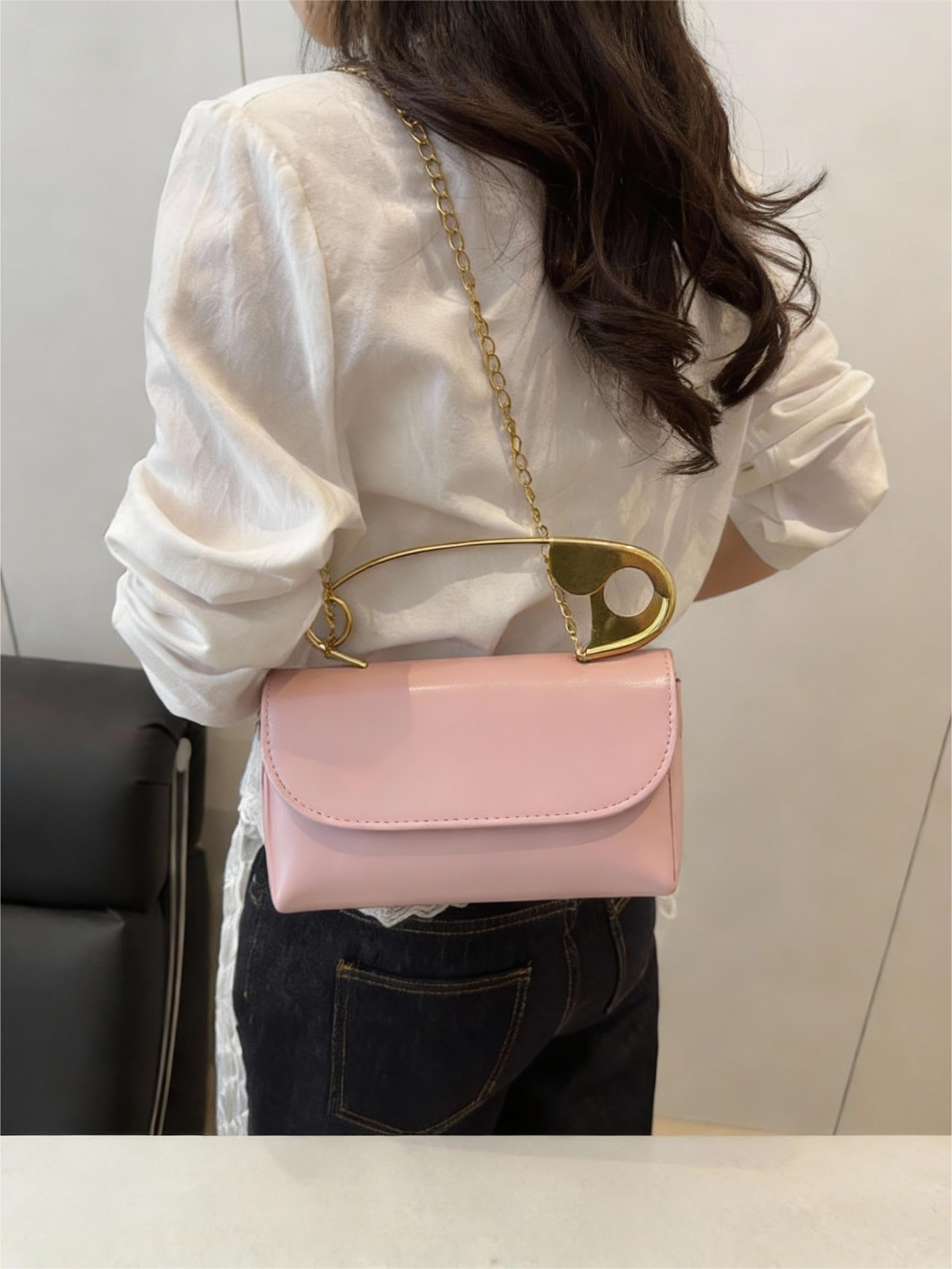 Women's Unique Safety Pin Crossbody Purse | Leather Clutch Bag Gold Handles Chain novelty clutch