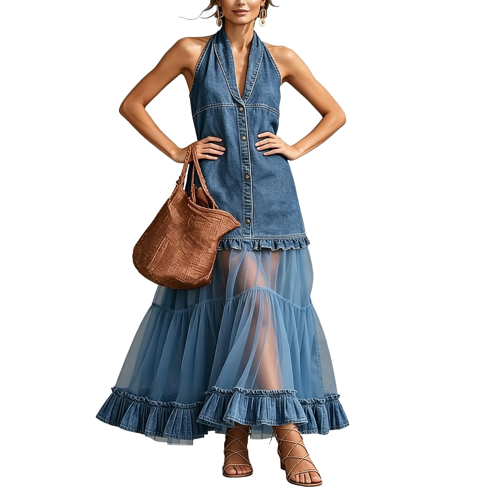 Women's Halter Denim Sleeveless Shirt Dress Mesh Patchwork Irregular High‑Low Maxi Dress Ruffled Tiered Vacation Dress