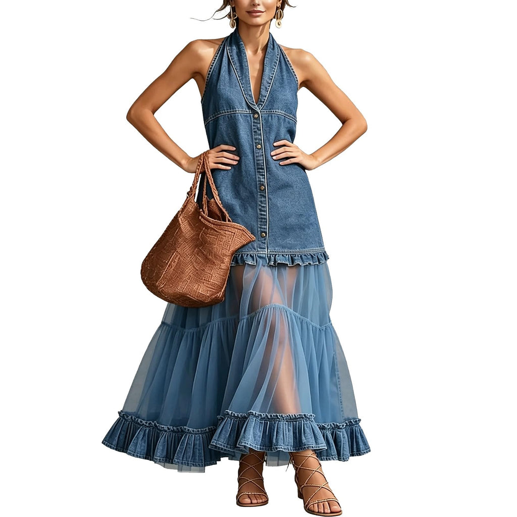 Women's Halter Denim Sleeveless Shirt Dress Mesh Patchwork Irregular High‑Low Maxi Dress Ruffled Tiered Vacation Dress