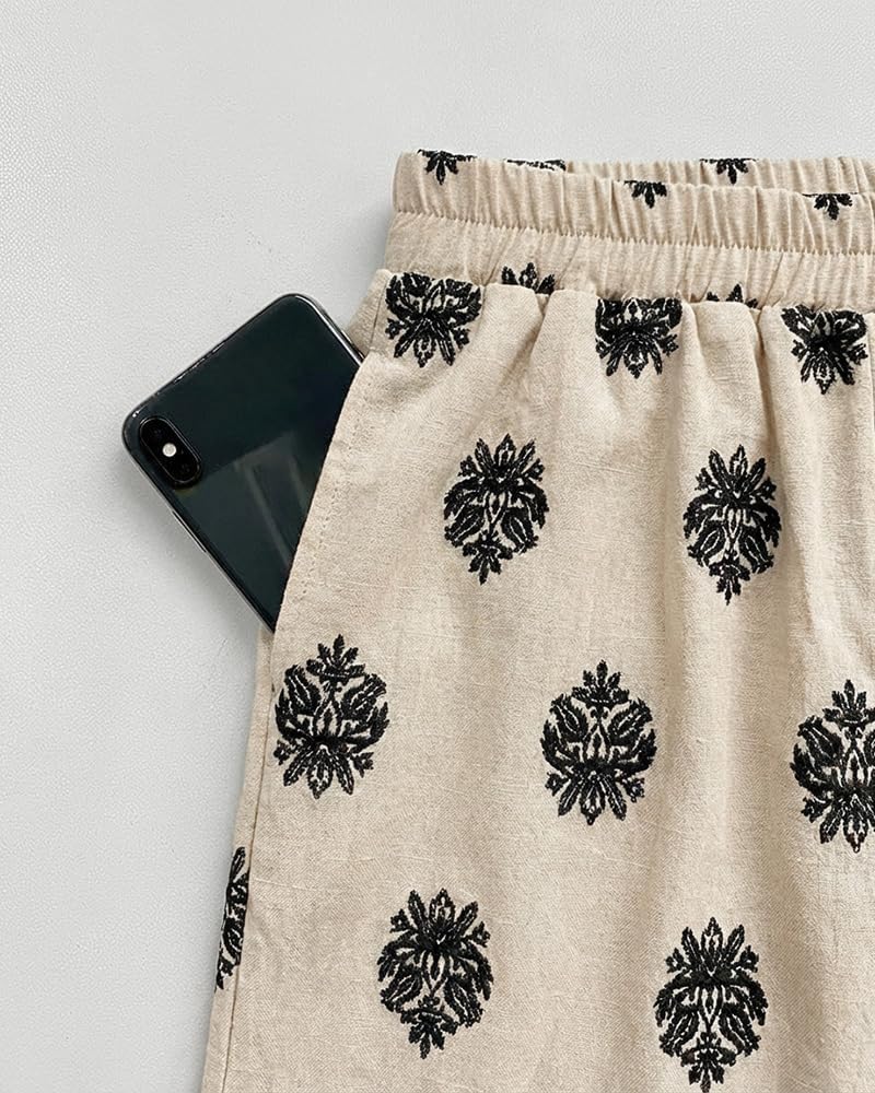 CHICME Boho Linen Sets Women's 2 Piece Lantern Sleeve Summer Shorts Set | Beach Vacation Summer Outfit, Shorts Sets Women 2 Piece Outfits, Top and Shorts Set, Soft Breathable Fabric, Elastic Waist