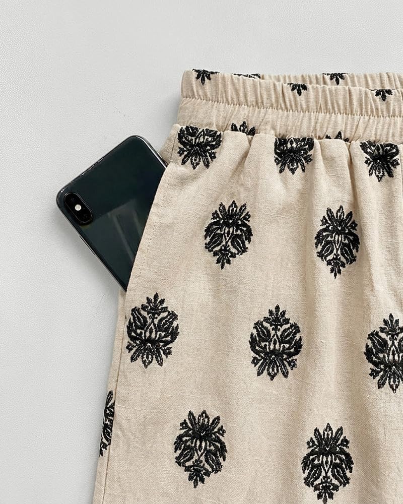 CHICME Boho Linen Sets Women's 2 Piece Lantern Sleeve Summer Shorts Set | Beach Vacation Summer Outfit, Shorts Sets Women 2 Piece Outfits, Top and Shorts Set, Soft Breathable Fabric, Elastic Waist