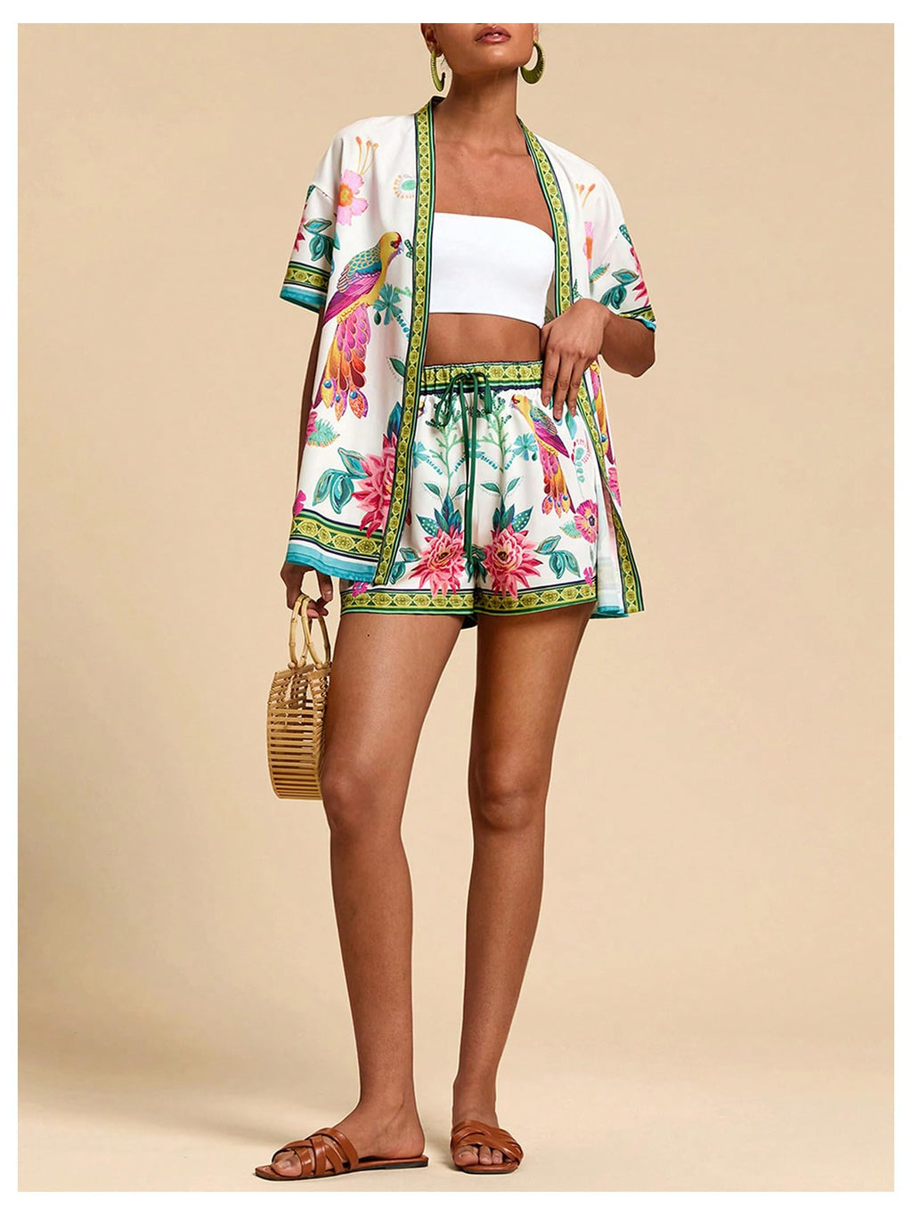 MakeMeChic Women's Two Piece Sets Summer Tropical Vacation Outfits Boho Floral Kimono Tops Shorts Set