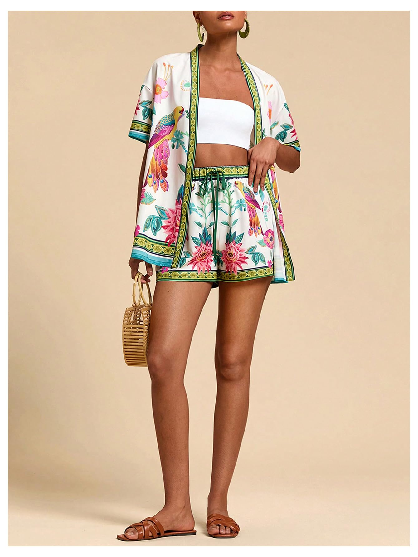 MakeMeChic Women's Two Piece Sets Summer Tropical Vacation Outfits Boho Floral Kimono Tops Shorts Set