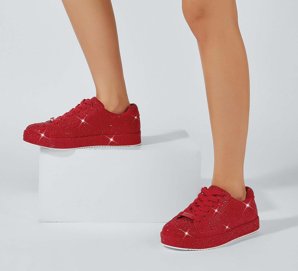 LUCKY STEP Women's Platform Rhinestone Sneakers | Sparkly Fashion Glitter Material|Sparkle Bling Bedazzled|Wedding Bridal Shiny Shoes