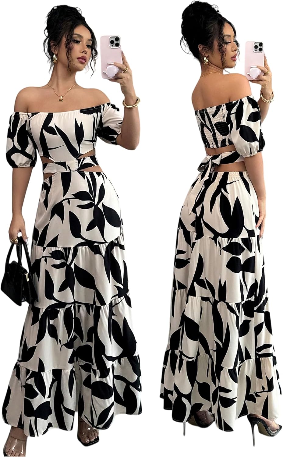 Women's Boho Off The Shoulder Short Sleeve Maxi Dresses Casual Summer Tiered Ruffle Swing Cut Out Flowy Dress