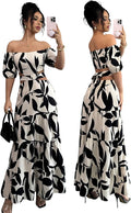 Women's Boho Off The Shoulder Short Sleeve Maxi Dresses Casual Summer Tiered Ruffle Swing Cut Out Flowy Dress