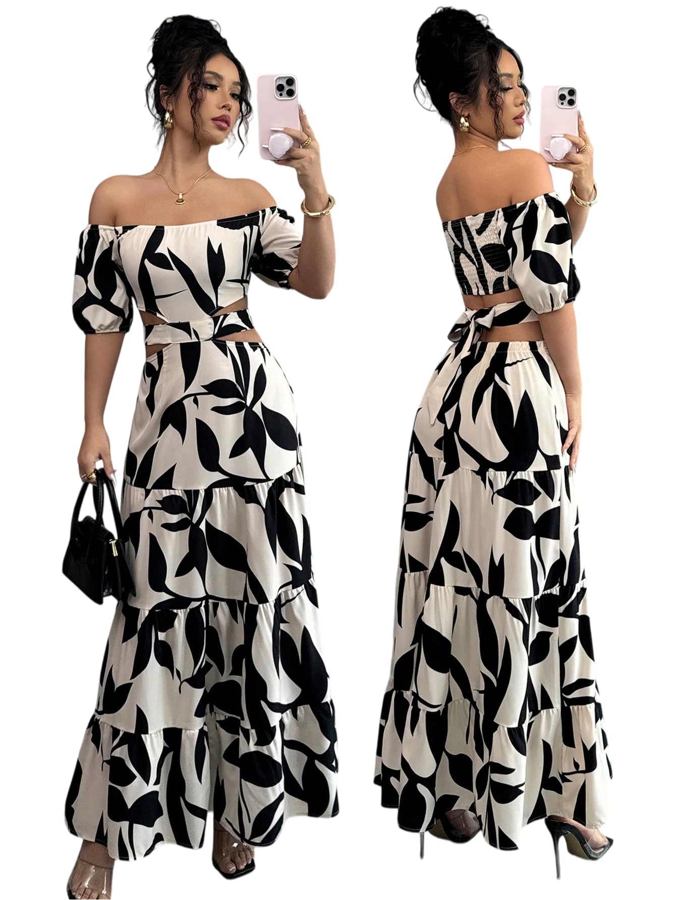 Women's Boho Off The Shoulder Short Sleeve Maxi Dresses Casual Summer Tiered Ruffle Swing Cut Out Flowy Dress