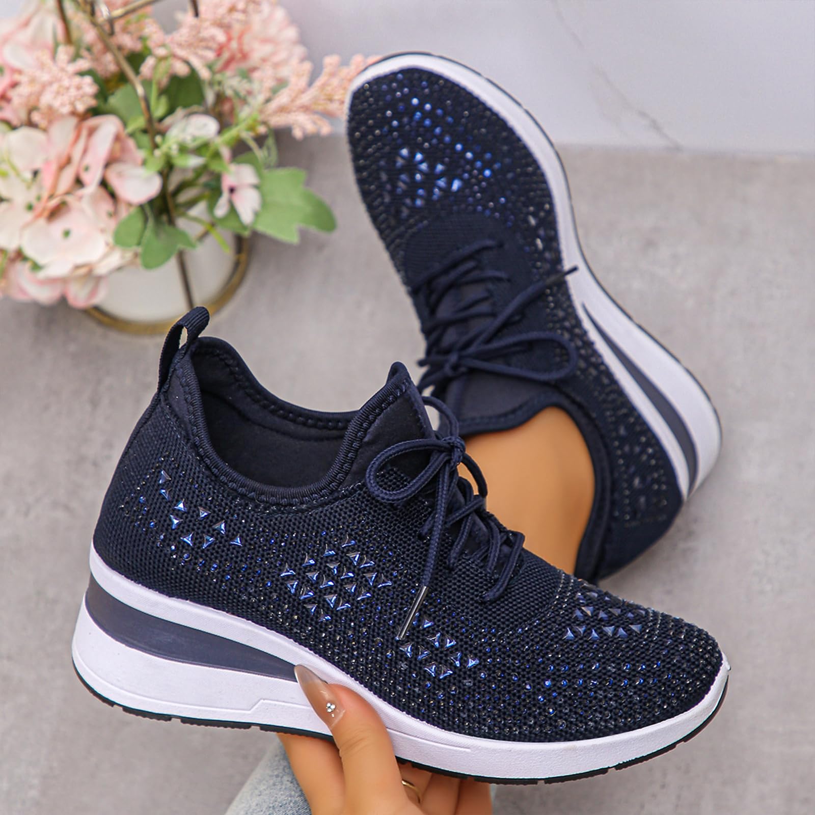 Glitter Rhinestone Wedge Sneakers with Lace-Up for Women Fashion Shiny Sequin Comfort Orthopedic Breathable Mesh Round Toe Soft Sole Tennis Walking Shoes