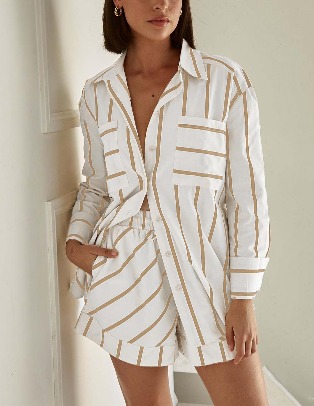 Women's Striped 2 Piece Outfits Casual Oversized Button Down Shirts and Short Lounge Pajamas Set