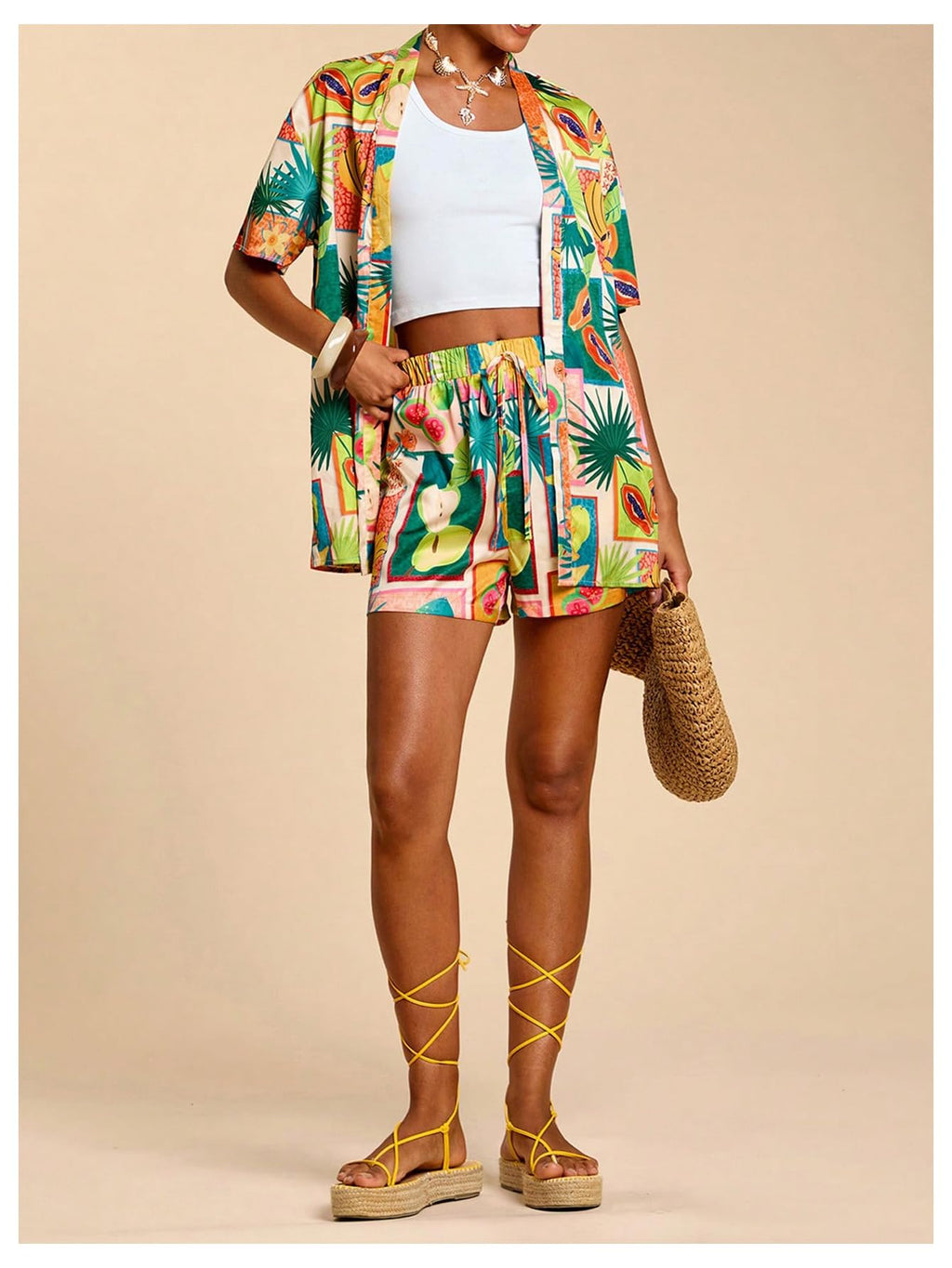 MakeMeChic Women's Two Piece Sets Summer Tropical Vacation Outfits Boho Floral Kimono Tops Shorts Set