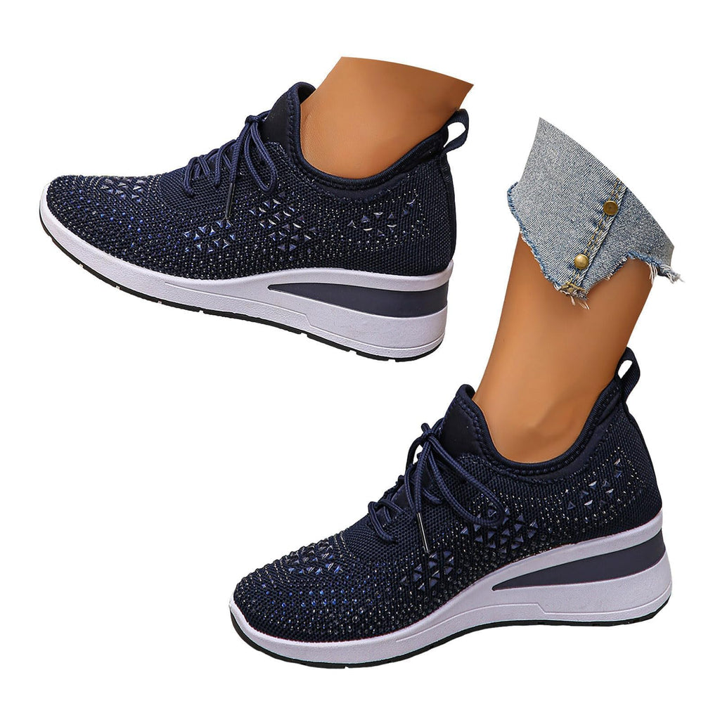 Rhinestone Wedge Sneakers for Women Dressy Fashion Breathable Spakle Glitter Wedding Sneakers for Bride Orthopedic Wedge Lightweight Shoes Sparkly Chunky Mesh Slip on Elastic Tennis Walking Shoes
