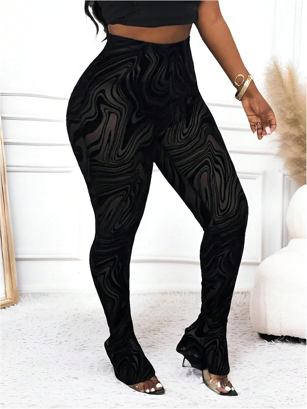 RoseSeek Women's Sheer Mesh Leggings See Through Bell Bottom Skinny Pants | High Waisted, Flared Skinny, Lace Pants, Going Out Bottoms, Bell Bottom Rave Outfits